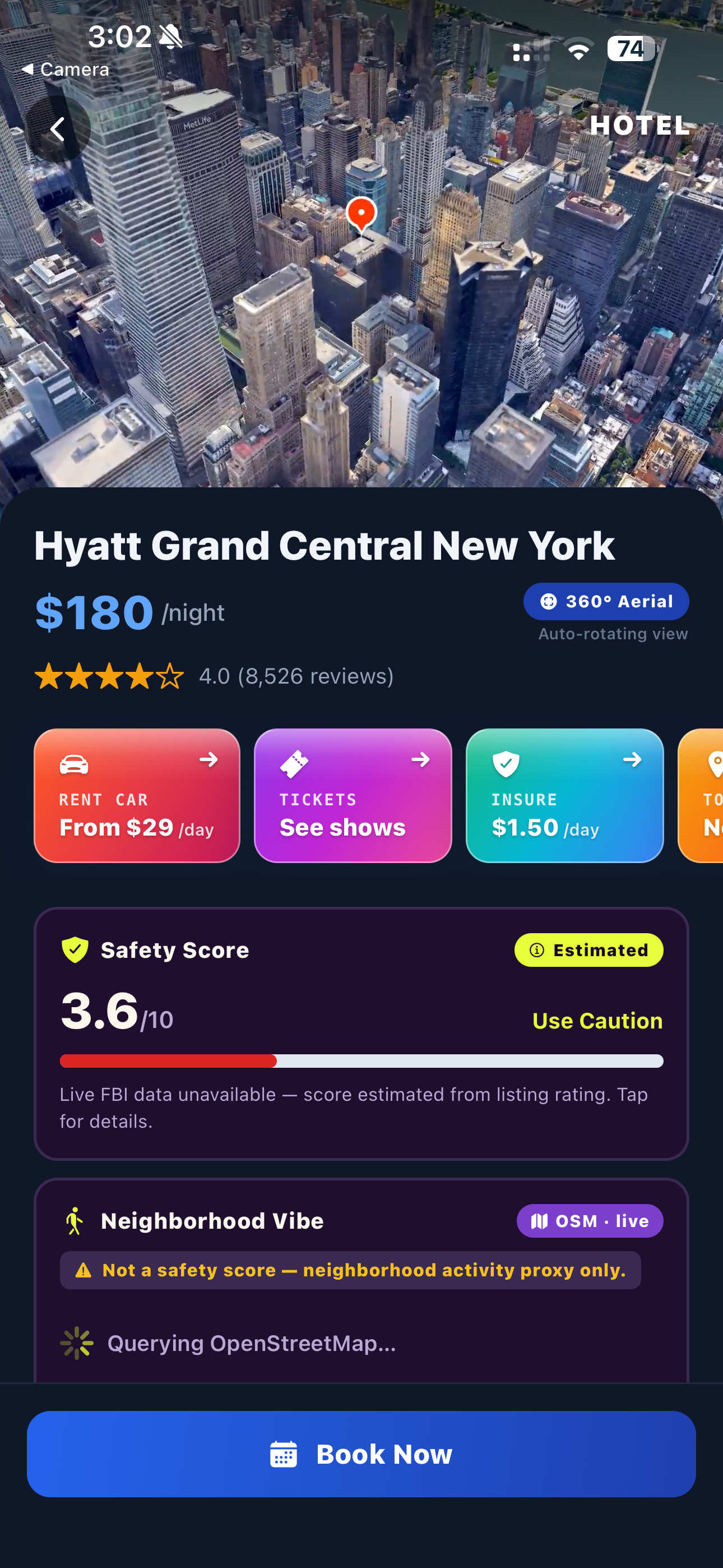 VacayRadar hotel detail screen with 3D glass stats strip and FBI safety score